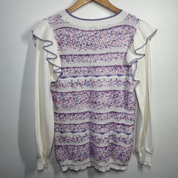 Fate Anthropologie Sweater Women Size S White Purple Ruffle Long Sleeve Spring - Picture 2 of 10